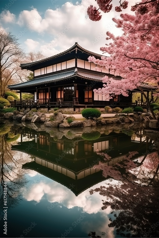 Tranquil Harmony: Serene Japanese Garden and Traditional House. Generative AI Tranquil Harmony: Serene Japanese Garden and Traditional House. Generative AI