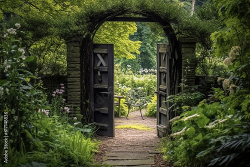 the gate is overgrown with grass