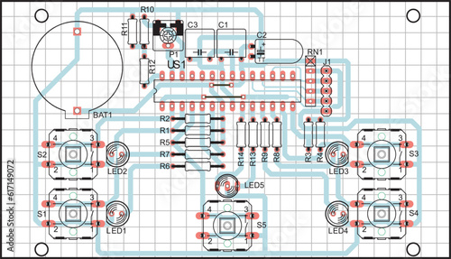 Vector printed circuit board of an electronic 
device with components of radio elements, 
conductors and contact pads placed on it. 
Engineering drawing with grid.