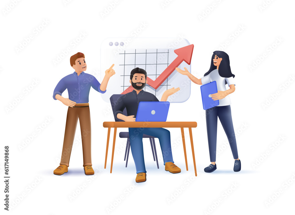 3D Casual teamwork. Diverse team of people working together with computers. 3D design vector illustration with white 3D Casual teamwork. Diverse team of people working together with computers. 3D design vector illustration with white