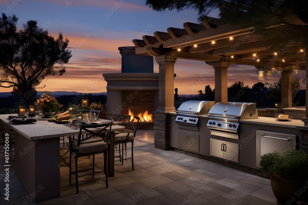 Custom Outdoor Kitchen area with professional barbecue grill, outdoor kitchen access door & drawers, and other components.
