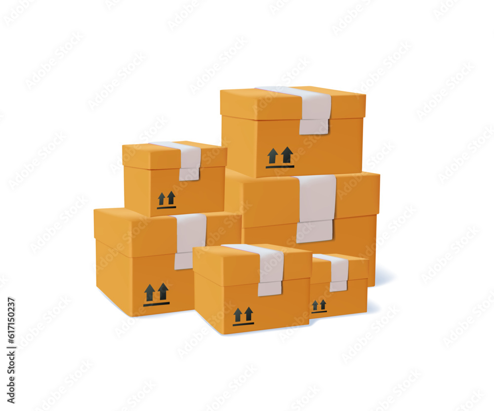3D stacked cardboard boxes. Packed cargo, goods, parcels pile. Many carton packages heap, group. Sealed freight storage 3D stacked cardboard boxes. Packed cargo, goods, parcels pile. Many carton packages heap, group. Sealed freight storage
