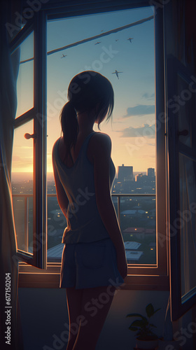 A woman stands by an open window watching dusk slowly fall across the city © Pillow Productions