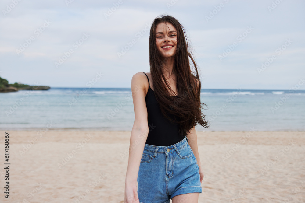 sunset woman summer running water smile lifestyle sea beach young travel sunset woman summer running water smile lifestyle sea beach young travel