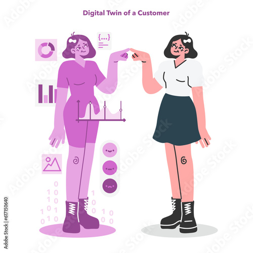 Digital marketing. Digital twin. Woman's avatar connected with digital