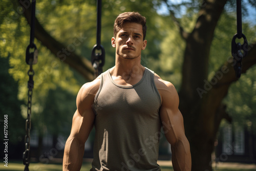 Calisthenics workout in a picturesque park, Fitness models, sport, natural light, affinity, bright background Generative AI