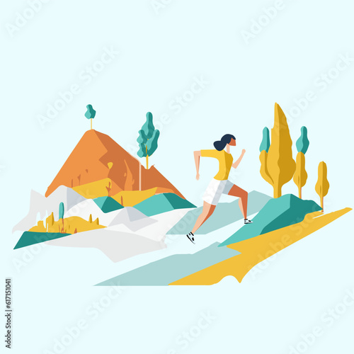 Tourism illustration running, sport woman running. Summer vacation web banner. Tourism to tropical countries. Special offer on travel.