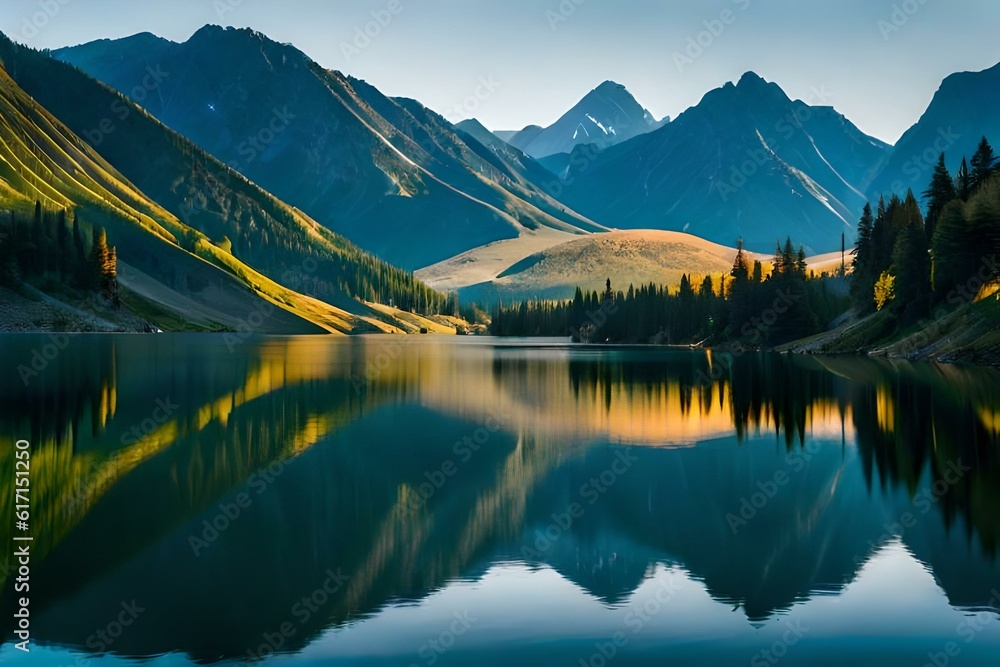 lake in the mountains at sunset generated by AI technology