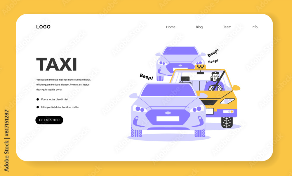 Taxi service web banner or landing page. Yellow taxi car in a traffic Taxi service web banner or landing page. Yellow taxi car in a traffic