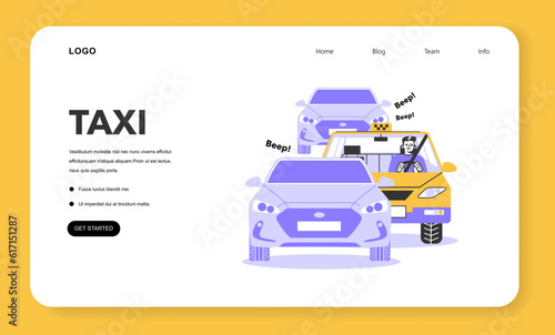 Taxi service web banner or landing page. Yellow taxi car in a traffic