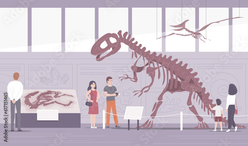 Paleontological museum with dinosaur skeletons. People adults and children on excursions. Archeology and fossil ancient lizards. Flat vector illustration