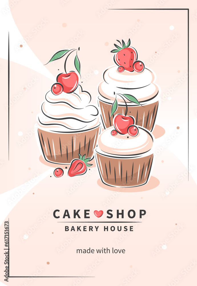Cake shop. Сake, cupcake and berries. Vector illustration on white background for menu, recipe book, baking shop.