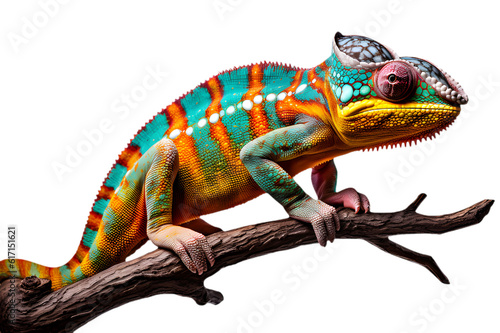 Panther Chameleon on a tree, showing vibrant colors on white transparent background 