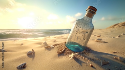 Glass bottle in the beach sand in a sunny day