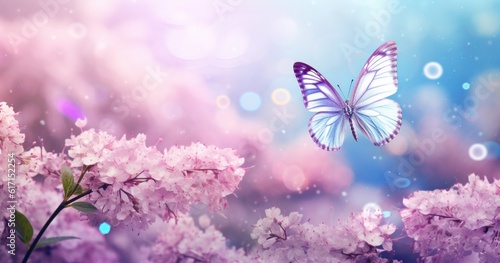 Butterfly on purple meadow. Illustration AI Generative.