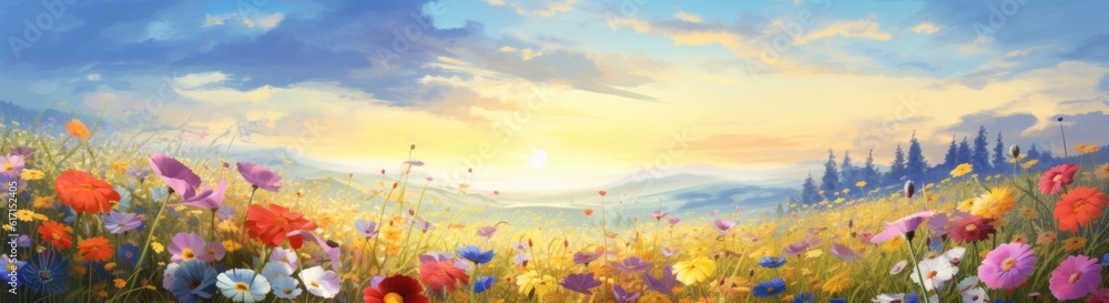 Summer field with flowers. Illustration AI Generative.