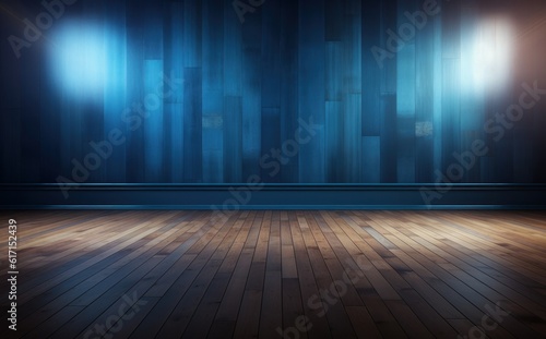 An empty room with blue walls and hardwood floor Illustration AI Generative.