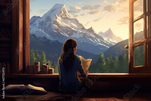 Woman sitting beside window, with book. Illustration AI Generative.