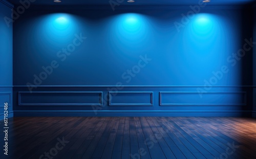 An empty room with blue walls and hardwood floor Illustration AI Generative. © ArtCookStudio