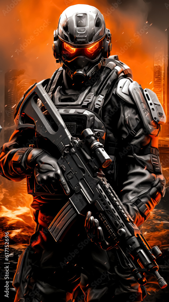 Soldier in military outfit, First person shooter concept, Fps game cover art.