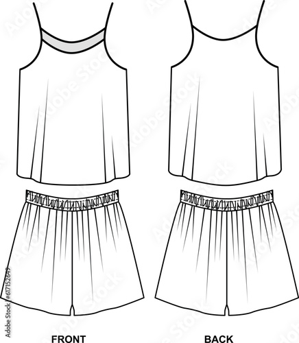 Sleepwear collection of top and shorts front and back view. Sketch of women's lightweight silk pajamas. Sketch of a strappy top and short shorts with an elastic band in white.