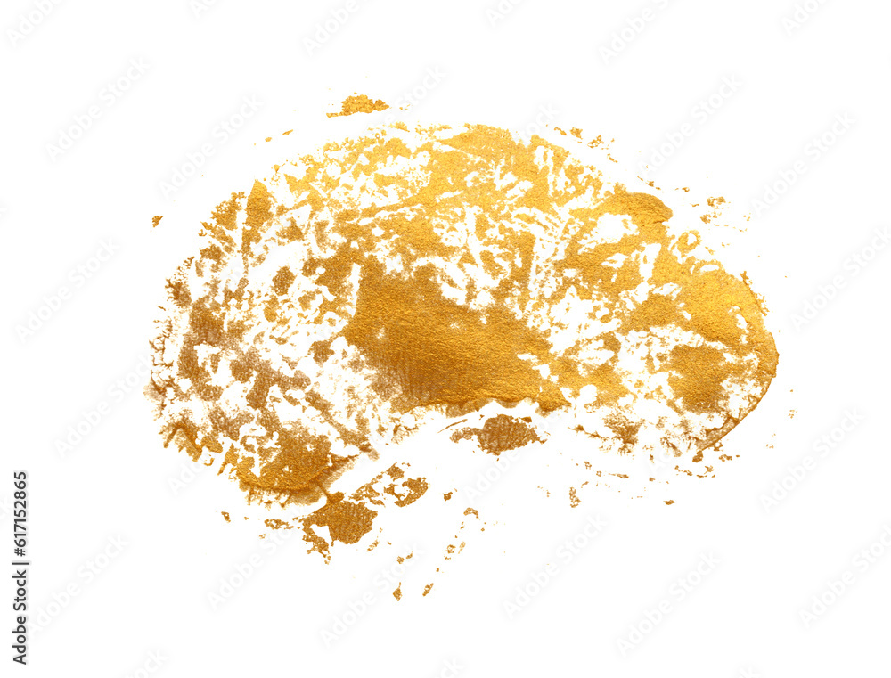 Gold bronze glitter  brushstroke painting blot dot smear. Abstract glow shine piece stain on white background.