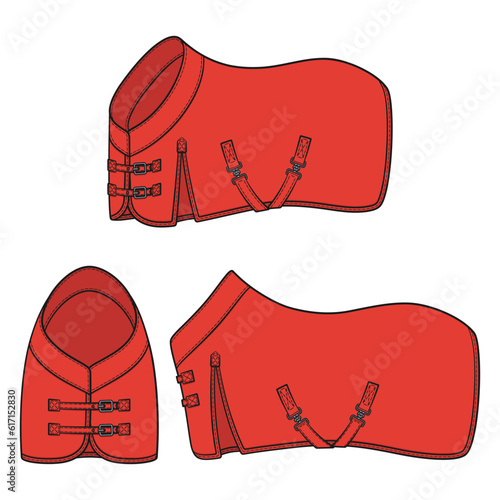 Set of color illustration with red horse blanket, horsecloth. Isolated vector objects on white background.