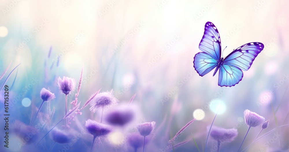 Butterfly on purple meadow. Illustration AI Generative. Butterfly on purple meadow. Illustration AI Generative.
