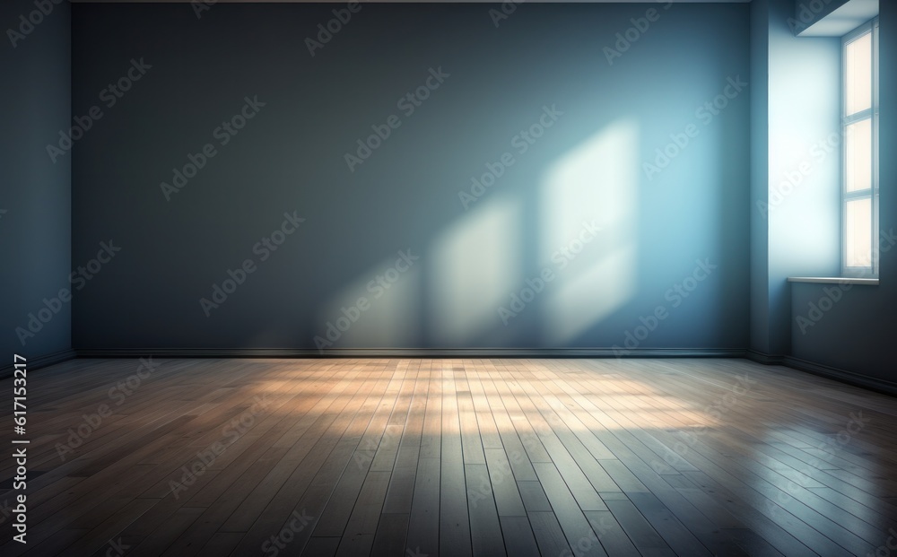 An empty room with blue walls and hardwood floor Illustration AI Generative. An empty room with blue walls and hardwood floor Illustration AI Generative.