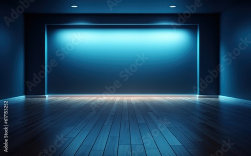 An empty room with blue walls and hardwood floor Illustration AI Generative. © ArtCookStudio