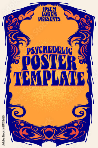 A psychedelic poster template in warm orange and red colors, and dark blues