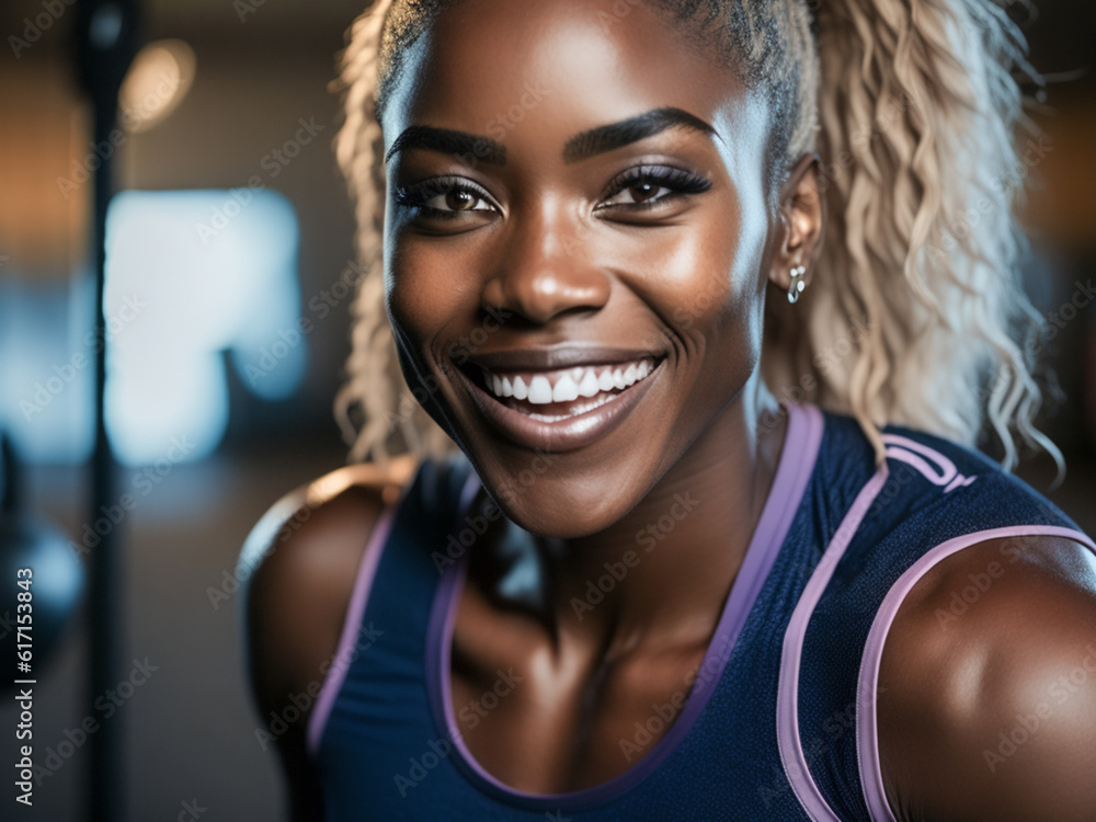 Break, portrait of happy black woman at gym for a workout, exercise or training for healthy body or fitness. Face of sports girl or proud African athlete smiling or relaxing with positive mindset