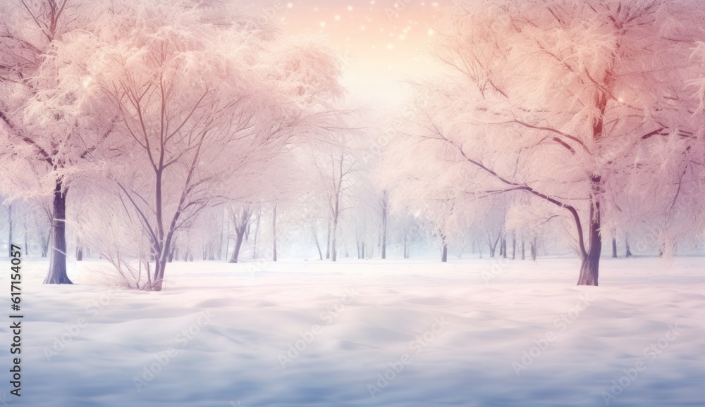 Winter snowy forest background. Illustration AI Generative