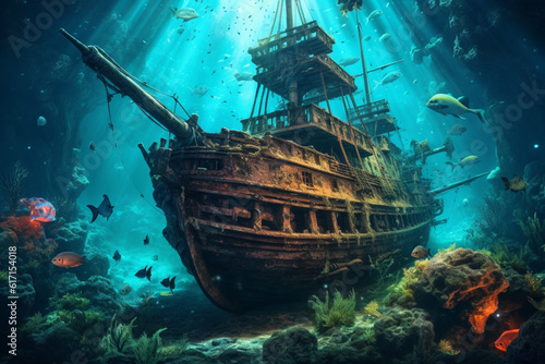 Huge old pirate ship buried underwater among fish and corals. Destructed beautiful ship generated by AI