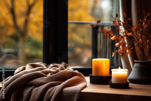 Autumn cozy background with candles. Illustration AI Generative.