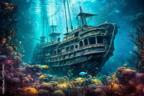 Huge old pirate ship buried underwater among fish and corals. Destructed beautiful ship generated by AI
