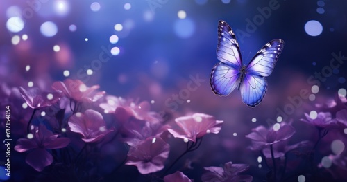Butterfly on purple meadow. Illustration AI Generative. © ArtCookStudio