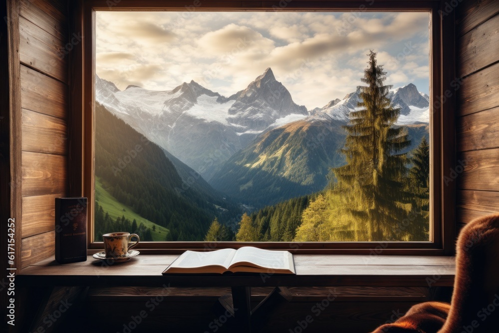 Fototapeta premium Woman sitting beside window, with book. Illustration AI Generative.