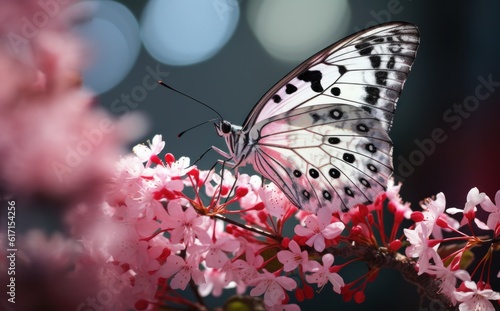Pink flowers with butterfly. Illustration AI Generative. © ArtCookStudio