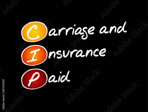 CIP Carriage and Insurance Paid - when a seller pays freight and insurance to deliver goods to a seller-appointed party at an agreed-upon location, acronym text concept background