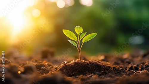Growing Seedling with Morning Sunshine on Green Bokeh Background, AI generated © M.Gierczyk
