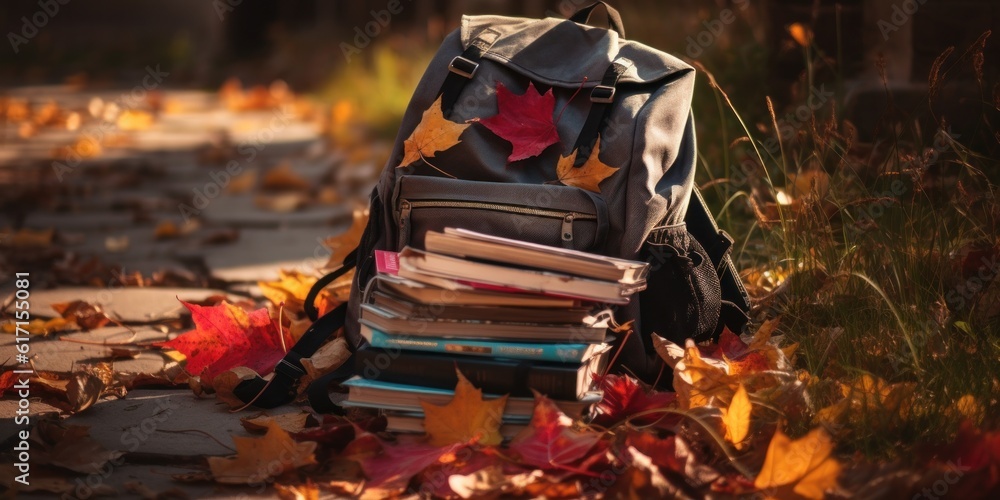 School backpack with books on the road filled with maple autumn leaves