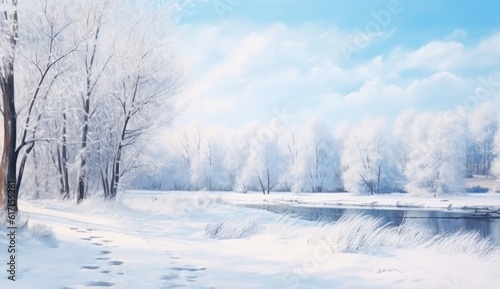 Winter snowy forest background. Illustration AI Generative