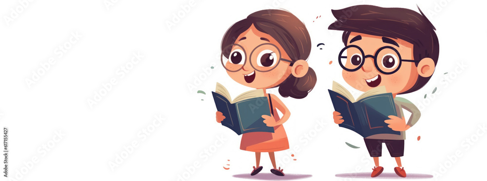 Obraz premium Illustration of boy and girl reading books. Banner with copy space