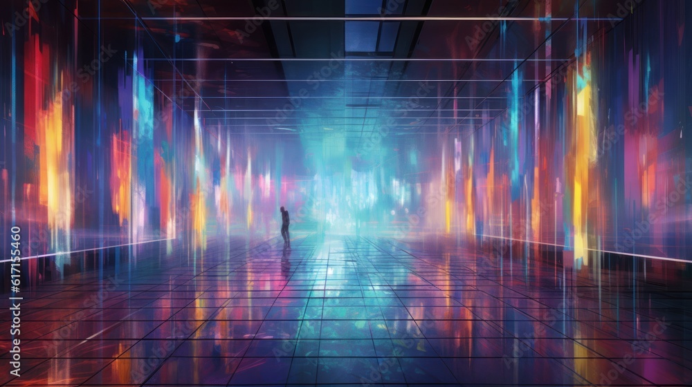 A work of art set in a mirrored room, an abstract work showing the fusion of reality and reflection. It emphasizes the interaction between perception and art. Created with Generative AI A work of art set in a mirrored room, an abstract work showing the fusion of reality and reflection. It emphasizes the interaction between perception and art. Created with Generative AI