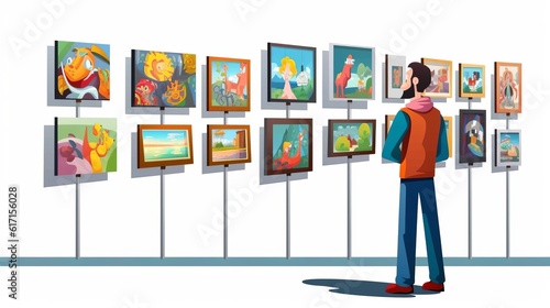 man in front of paintings