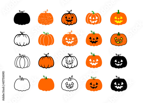 Set of halloween pumpkins outlined and colored. Pumpkin for autumn decorative design, halloween invitation, harvest thanksgiving.