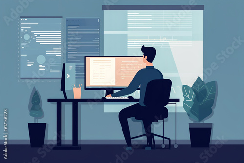 illustration of a man working at the computer.Back view.Created with generative ai