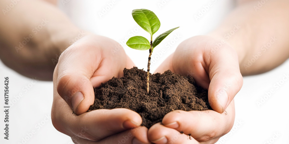 a small green sprout of a plant grows from a handful of earth in human palms, close-up. Generative AI