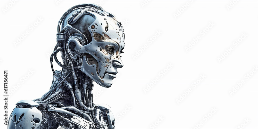The face of a humanoid robot on an isolated background and close-up. Generative AI The face of a humanoid robot on an isolated background and close-up. Generative AI